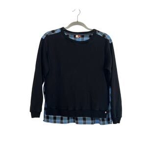 Anthropologie Pilcro Womens Contrast Flannel Sweatshirt Black Blue Plaid Size XS